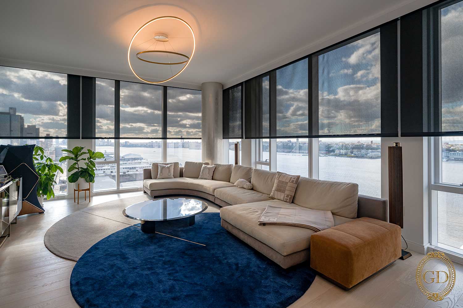 Custom shades framing a city view